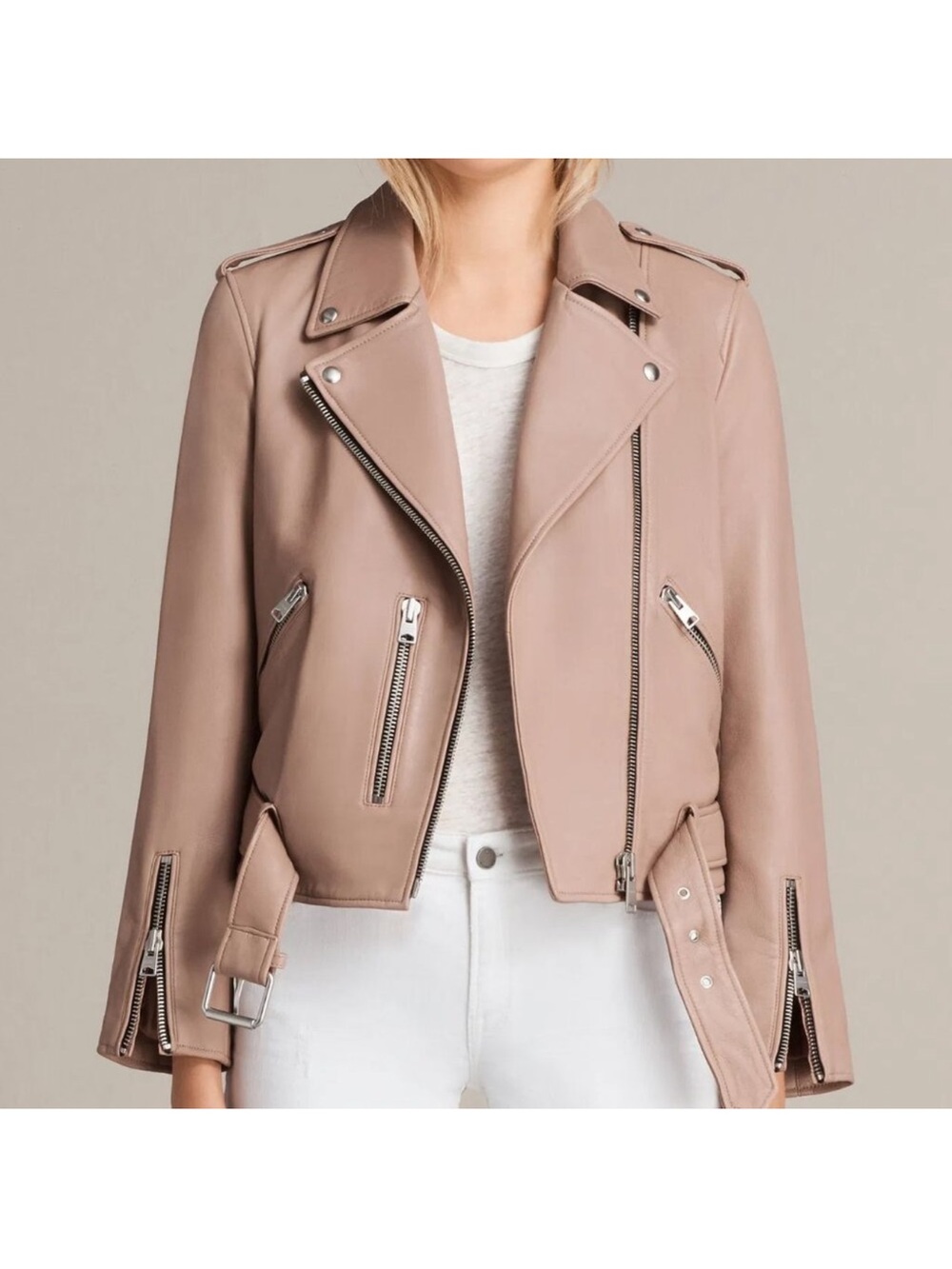 AllSaints Women's Leather Moto Jacket in Dusty Pink
